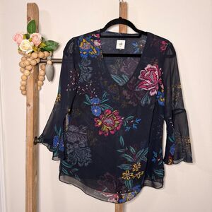 Cabi Confident Dark Floral Print V Neck Bell Sleeve Sheer Blouse Top X Small
